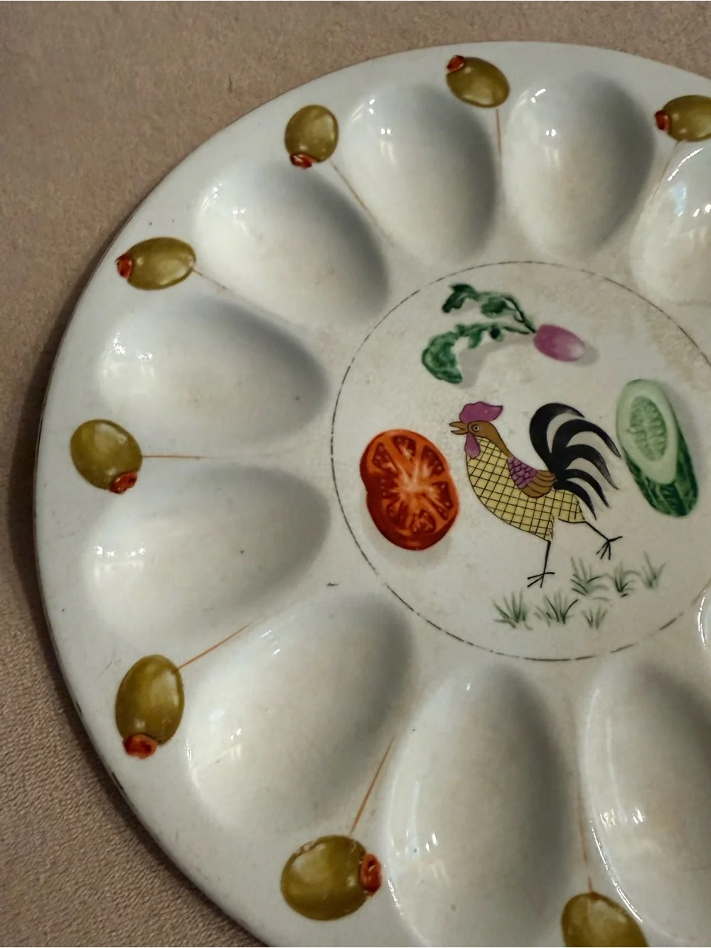 Vintage Rooster Deviled Egg Platter with Olive Motif